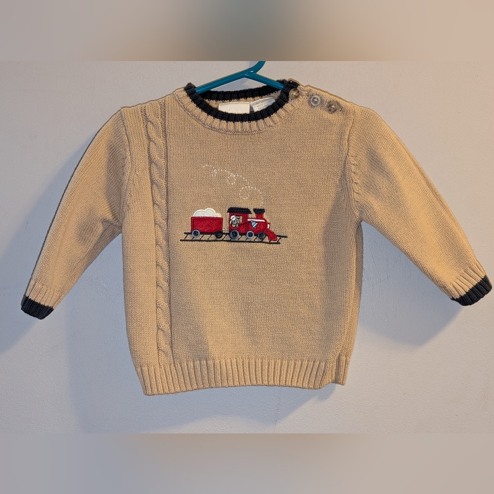 🚂 Miniwear Tan Cotton Sweater with Navy Trim Train Motif Baby Boys 6-9 Months